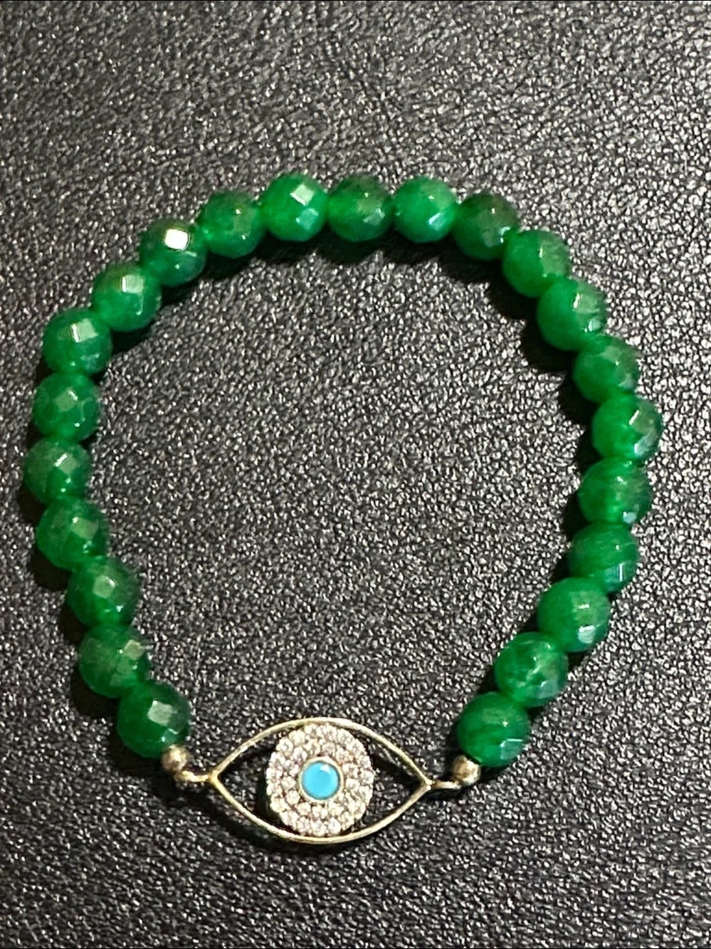 6mm Faceted Green Gemstone Evil Eye Protection Stretch Bracelet Gold-Tone